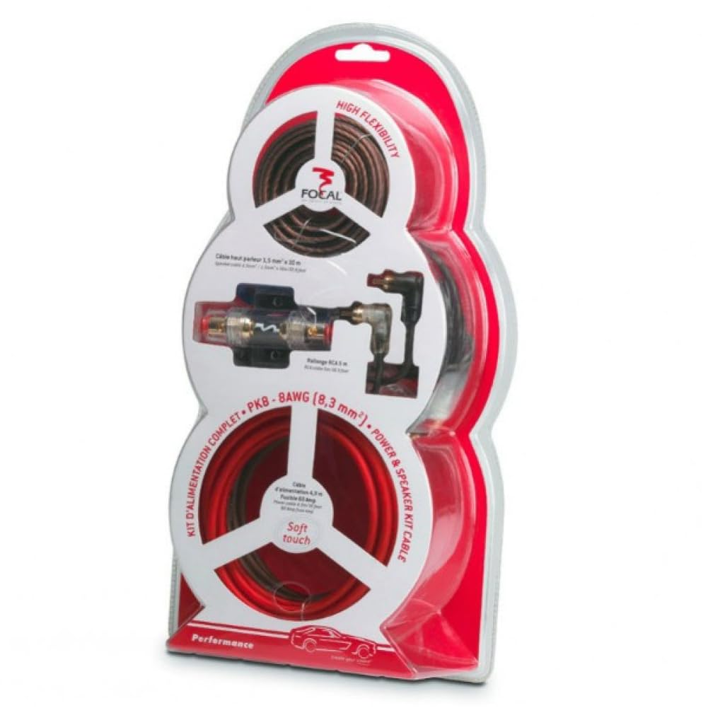 KIT CAVI SET PER FOCAL PK8 8 awg 8,3 mm² alimentazione per amplificatori altoparlanti auto fusibile 60 ampere, 1 kit