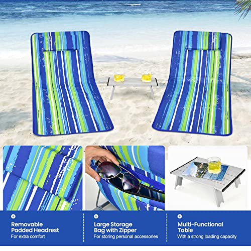 Image of Giantex Beach Chairs for Adults 2 Pack Set with Side Table, 5 Position Adjustable Folding Lawn Chair for Sunbathing, Patio Chaise Lounge Lightweight Backpack Camping Chairs (Stripe)