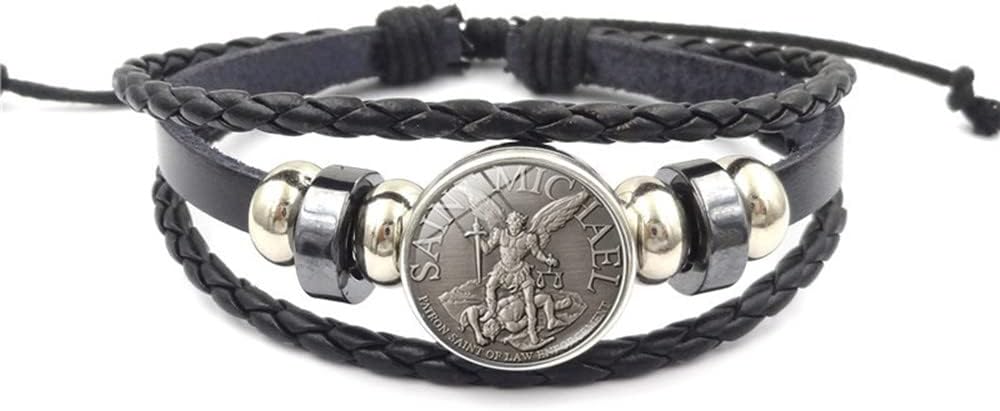 Saint Michael Leather Bracelet For Men Women,The Archangel St Michael Adjustable Christian Bracelet,Religious Jewelry Bracelet(Box Packaging)