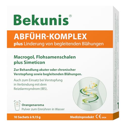 Bekunis Abführ-Komplex plus | Macrogol + Flohsamenschalen + Simeticon | Bei Verstopfung mit begleitenden Blähungen und Völlegefühl | 10 Sachets zum Einrühren in Wasser | Orange | Medizinprodukt