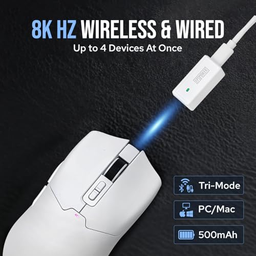 Click Wireless Gaming Mouse, Polling 8KHz, Sensore Ottico PAW 3950 Ultimate, 58g Superleggero, 42,000 DPI Regolabili, 500mAh, Pulsanti Programmabili per PC/Mac/Linux (Bianco) - Mouse gaming - Immagine 6
