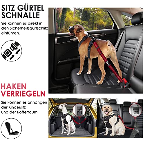 Eyein Hunde Sicherheitsgurt für Auto, Verstellbare Hundegurt fürs Auto mit Elastischer Ruckdämpfung, 3 in 1 reflektierend Hunde Anschnallgurt für alle Hunderassen & Autotypen, 90cm (Rot)