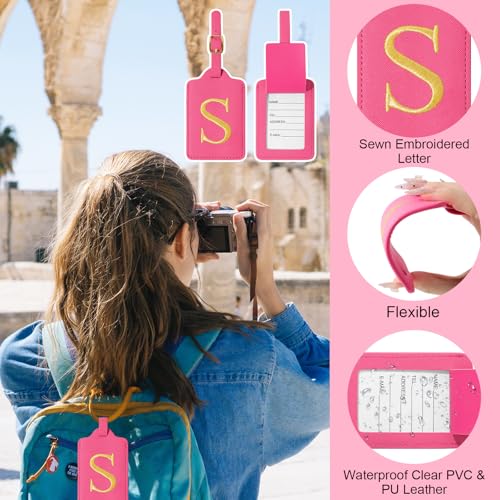 Image of Personalized Initial Luggage Tags for Suitcases, Cute PU Leather Embroidered Letter Travel Luggage Tags, Suitcase Identifier Name Baggage Tag, Bag Tags for Men Women Kids Luggage Handbags(Rosered S)