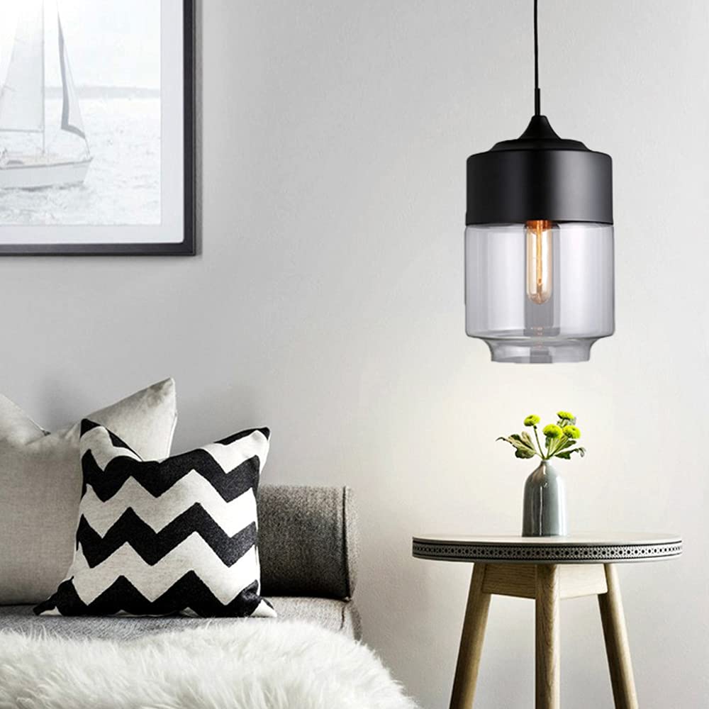Vintage Pendant Lighting,Industrial Ceiling Lamp, Black Metal Farmhouse Pendant Light with Clear Glass Lamp Shade for Kitchen, Dining Room, Hallway, E27 Base (Bulbs not Included) (B)