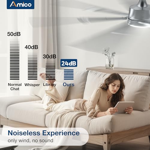 Image of Amico Ceiling Fans with Lights,66 inch Nickel Ceiling fan with Light and Remote, 6 Speed Reversible DC Motor, 3CCT, Dimmable, Quiet, Timer, Outdoor Ceiling Fan with Light for Patios, Indoor /Outdoor