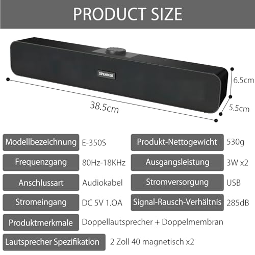 TNSLAND PC Lautsprecher, Hi-Fi Stereo Sound Soundbar Klein, Computer Lautsprecher Mit USB Anschluss für Laptop, Monitor, Smartphone, Tablet, Spielkonsole, Schwarz – Bild 4