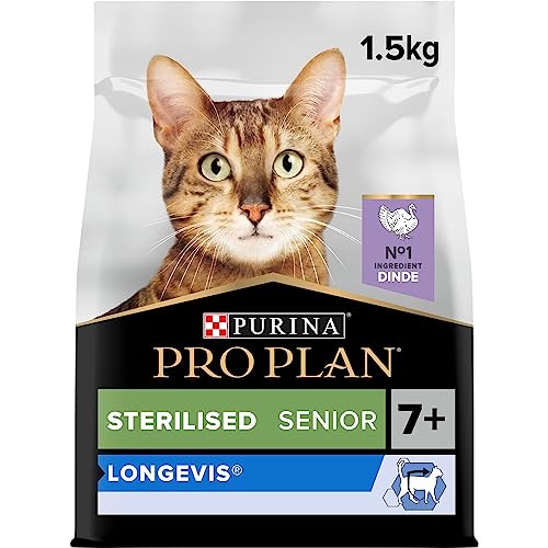 PURINA PRO PLAN | LONGEVIS | Sterilised 7+ | Alimentation complète pour Chat Senior Stérilisé (> 7 ans) | Pour une vie plus longue en bonne santé | A la Dinde | Croquettes | Sac | Lot de 1 x 1,5 Kg