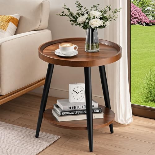 FANTERSI Small Round Side Table, 2-Tier Mid Century Modern Side Table, Round End Table Small End Table for Living Room, Metal Frames, Brown
