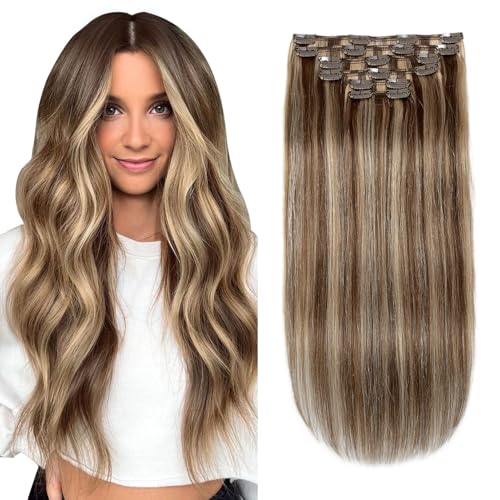 Extensions de cheveux humains à clipser XDhair 100g 40,6 cm balayage brun chocolat blond #4P/27