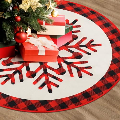 FINPAC Christmas Tree Skirt, Red Plaid Xmas Luxury Romantic Thick Holiday Tree Ornaments Decoration for Christmas Holiday New Years Party Decor Indoor Outdoor Farmhouse