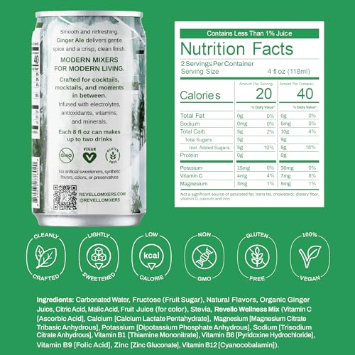 Image of Revello Mixers Ginger Ale - Mixer Infused with Electrolytes, Antioxidants, Vitamins & Minerals - Low Sugar & Calories - Premium Beverage for Crafted Cocktails & Mocktails - 8 fl oz (Pack of 4)
