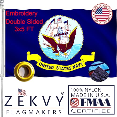 ZEKVY Embroidered Navy Flag 3x5 Outdoor Made in USA - Double Sided 300D Heavy Duty Nylon Vivid Color United States Navy Flags with 2 Brass Grommet