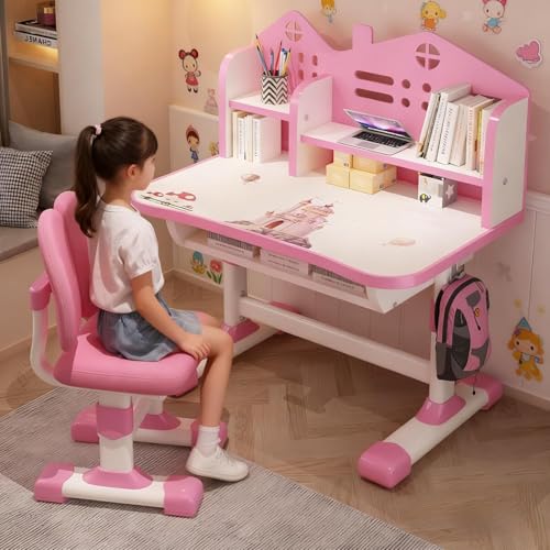 UDIYO 2025 Upgraded Schreibtisch Kinder, Kinder Tisch Stuhl Set, Kinderschreibtisch Höhenverstellbar with Cartoon-Motiv/Haken(Rosa 105cm)
