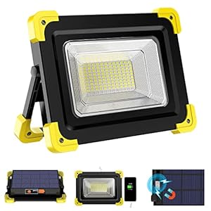 Projecteur LED Rechargeable, 100W Lampe de Travail Portable avec Panneau Solaire/ 4 Modes d’éclairage/ 14000 mAh/ 120 LED/ Aimant/ Lumière d’Urgence, Idéales pour Garage, Atelier, Camping, Extérieur