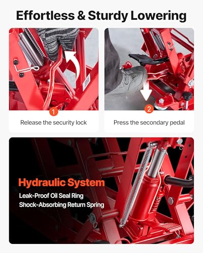 Image of VEVOR Hydraulic Motorcycle Lift Jack, 1500 lbs Capacity, ATV Lift Jack Portable Motorcycle Hoist Stand with 4 Wheels, 4.5 inch-15.2 inch Height Range, Hydraulic Foot-Operated Hoist Stand for ATVs, Dirt Bikes