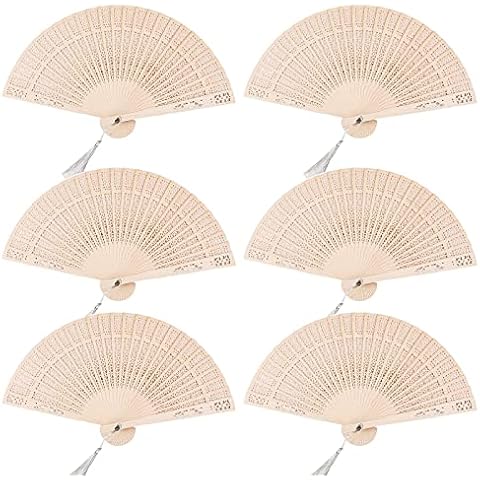 Emsiok 6 PCS Wooden Folding Fan, Vintage Wooden Fan Handheld Folding Fans Sandalwood Hand Fan Wooden Hand Fan Chinese Sandalwood Fan with Tassel for Women Foldable Wedding Favors Baby Shower Cover