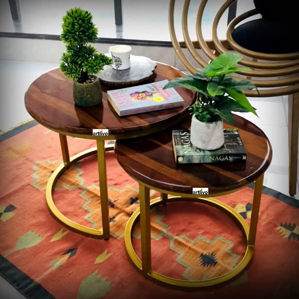 Image of Artlivo Solid Sheesham Wood Round Coffee Table - Set of 2 (22 /17 inch Dia) for Living|Drawing|Bedroom|Office|Balcony|Gift|Diwali|Wedding