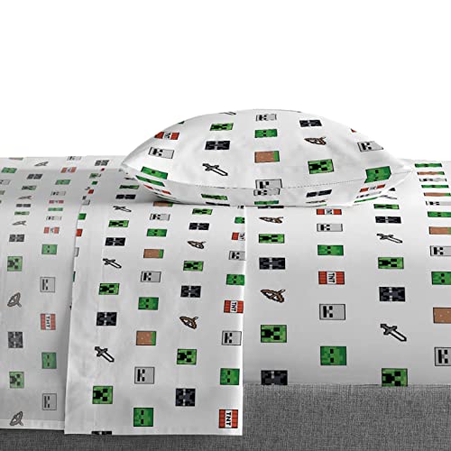 Saturday Park Minecraft Emblematic Twin Sheet Set - 3 Piece 100% Organic Cotton Sheets Features Creeper, Alex & Steve - GOTS & Oeko-TEX Certified (Minecraft Official)