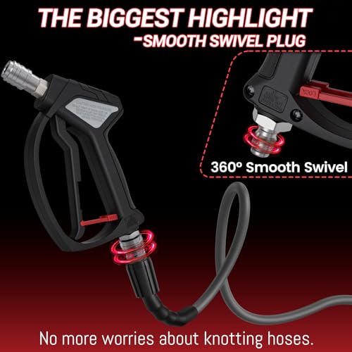 Image of Short Pressure Washer Gun, Swivel Power Washer Gun 4060 PSI, Stubby Pressure Washer Gun with 3 /8 inch Smooth & 1 /4 inch Quick Connector Coupler Compatible with Hose Foam Cannon Car Wash Foam Gun(Black Grey)