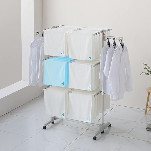 Miniatura 3 de Escurridor plegable con ruedas – 48 varillas de secado, resistente, móvil, perfecto para ropa, edredón, calcetines, ropa de cama, sábanas, 6 alas