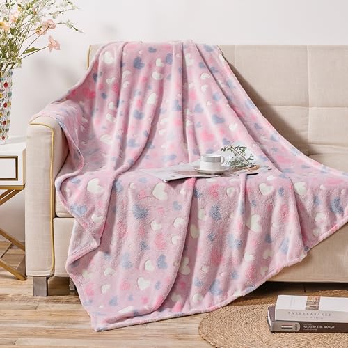 Couverture phosphorescente cœurs roses 127x152 cm pour enfant