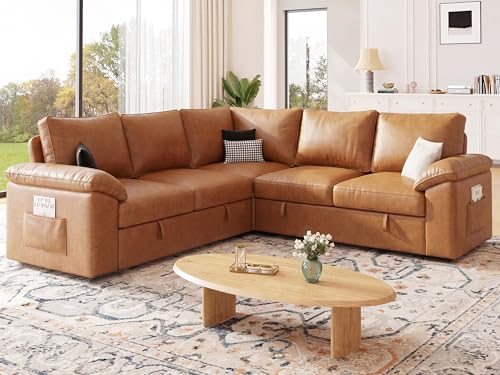 Image of 85 Inch Faux Leather Modular Sectional Sofa with Pull Out Bed, L Shaped 5 Seat Sectional Sleeper Sofa with Storage, Sectional Couches for Living Room, Cloud Modular Couch,Brown Leather