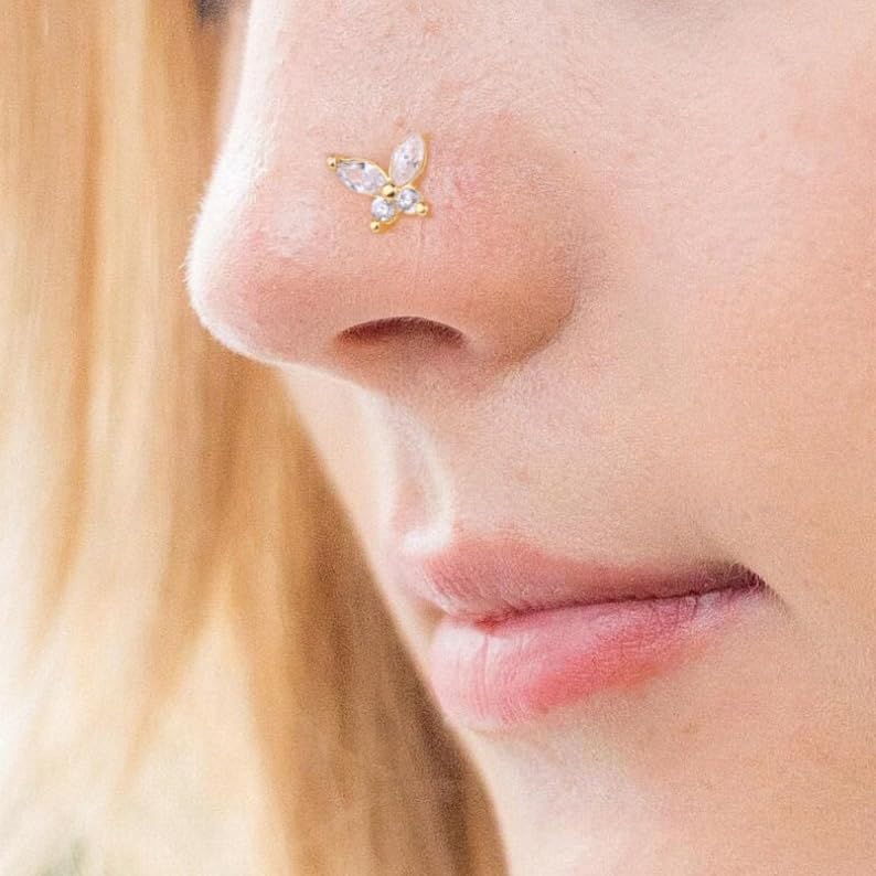 4pcs 20G Nose Rings - L Shaped & Dangle Nose Studs - Stainless Steel Butterfly, Flower & Heart Designs - Body Piercing Jewelry for Women & Men3