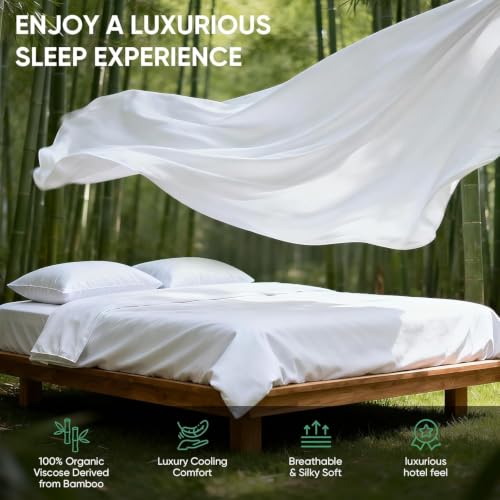 Image of TWK Real 100% Viscose Derived from Bamboo Sheets Set Queen Size, Cooling & Silky Soft for Hot Sleeper, Breathable & Moisture Wicking Fabric, 18 inch Deep Pocket with Corner Straps (White, Queen)