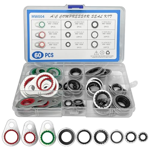 KUQUTIDY 60PCS A/C O Ring Kit, 9 Sizes Air Conditioning Compressor Washer Gasket Seal Assortment Kit, Universal Automotive A/C System Repair O Ring Sealing Gasket Bonded Sealer