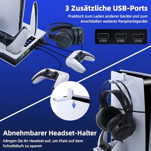 Wigearss PS5/PS5 Slim/PS5 Pro Kühler Standfuß mit Dual Controller Ladegerät, PS5 Controller Ladestation Standfuß mit Lüfter für PS5/PS5 Slim/PS5 PRO UHD/Digital Edition 6