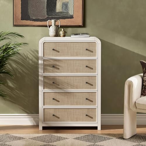 Image of Oak&Sparrow 5 Drawer Tall Dresser for Bedroom, 47'' Rattan Dresser with Ample Storage, Boho Chest of Drawers, Thickened Curved Profile Design, Oak Dressers for Bedroom, Living Room