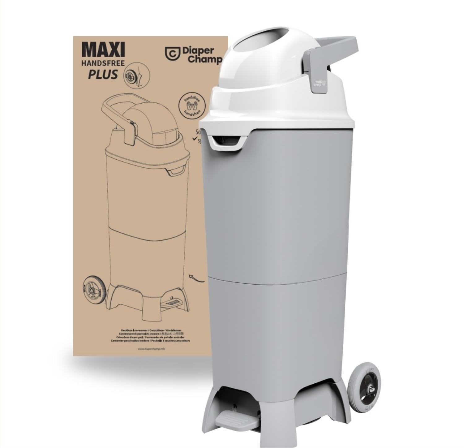 DIAPER CHAMP Maxi Handsfree plus - Mangiapannolini inodore - A mani libere - Grande capacità - 60 pannolini - con ruote - Usa sacchetti normali - Ideale per asili nido, scuole materne.