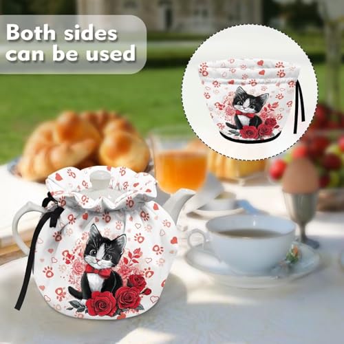 Image of Red Rose Cat Show Window Teapot Cozies, Heat Preservation Teapot Dust Cover with Drawstring Creative Kitchen Tea Pot Cover, Home Kitchen Table Hotel