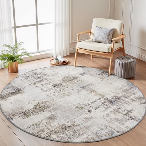 Engiw 6 ft Round Area Rugs for Living Room Rug Bedroom Dining Room Rugs Under Table Circle Circular Rug Washable Throw Modern Abstract Non Slip Durable Low Pile Camel Grey