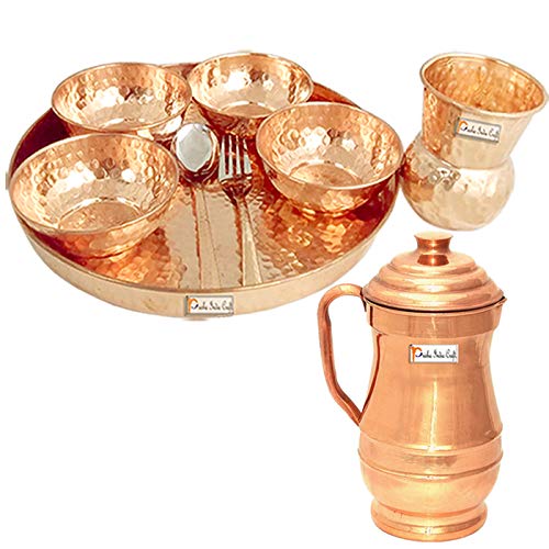 Prisha India Craft Pure Copper Dinnerware Thali Set, Diameter-12 Inch with 1 Pure Copper Jug Pitcher Capacity 1800 Ml