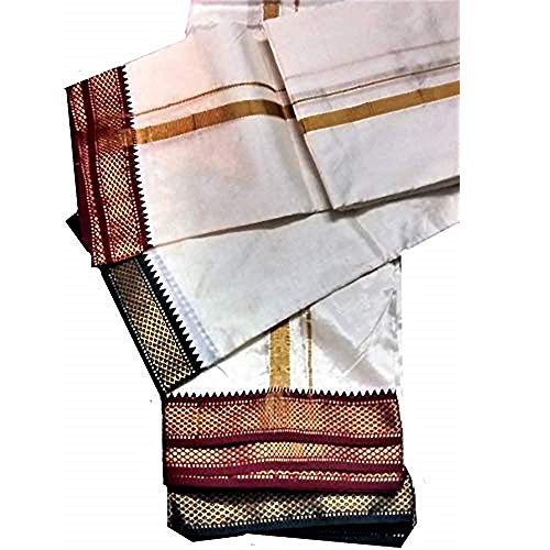Kolakeer™ Men's Art Silk Dhoti and Angavastaram Set with Double Color Marukarai Zari Border (8 Mulam/Hand, Cream)2