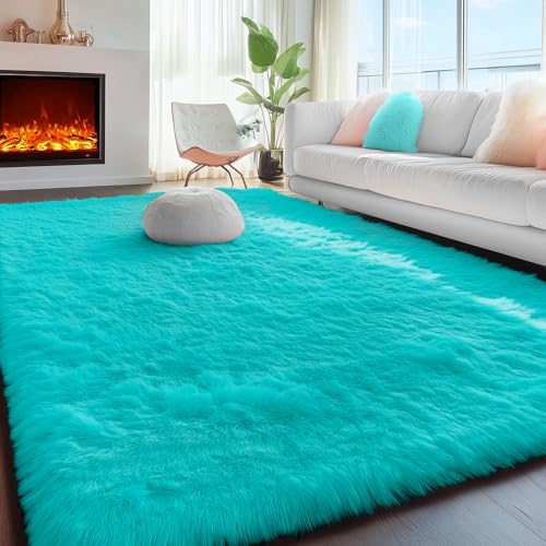 PAGISOFE Soft Fluffy Teal Area Rugs for Bedroom Kids Room Living Room Rug Shag Furry Carpet for Boys Girls Room Modern Plush Decorative Nursery Rugs Solid Accent Floor Rugs Dorm 4' x 6', Blue