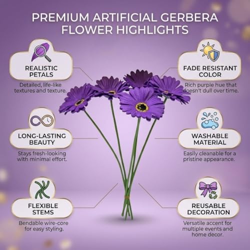 Image of Artificial Gerbera Flower Sticks (Pack of 5) for Home Decor | Realistic Faux Flowers for Vases | Wedding, Office, Living Room & Party Decoration | Long-Lasting, Washable & Reusable (Violet)