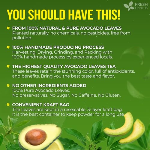 Image of FreshDrinkUS, 120 Avocado Leaves - Loose Leaf - Premium Avocado Leaf Herbal Tea, Caffeine Free Botanical Tea Leaves for Hot or Iced Tea - Natural, Aromatic & Fresh Avocado Leaves