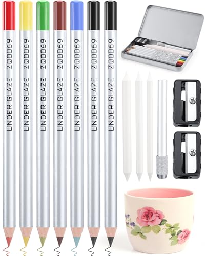 Affrolling 14 Pcs Underglaze Pencil Kits 7 Pcs Multicolor Underglaze Pottery Pen for Ceramics with Blending Stump Pencil Extenders Sharpener Pen Case for Decorating Under Ceramic Pottery Bisque Ware