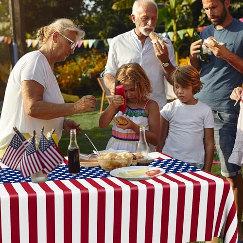 Image of 4 Pcs 4th of July Decoration, Plastic Disposable 4th of July Tablecloths | 108 X 54 In Patriotic Table Covers, Red White Blue American Flag, Easy Cleanup, Waterproof Tear Proof for Independence Day