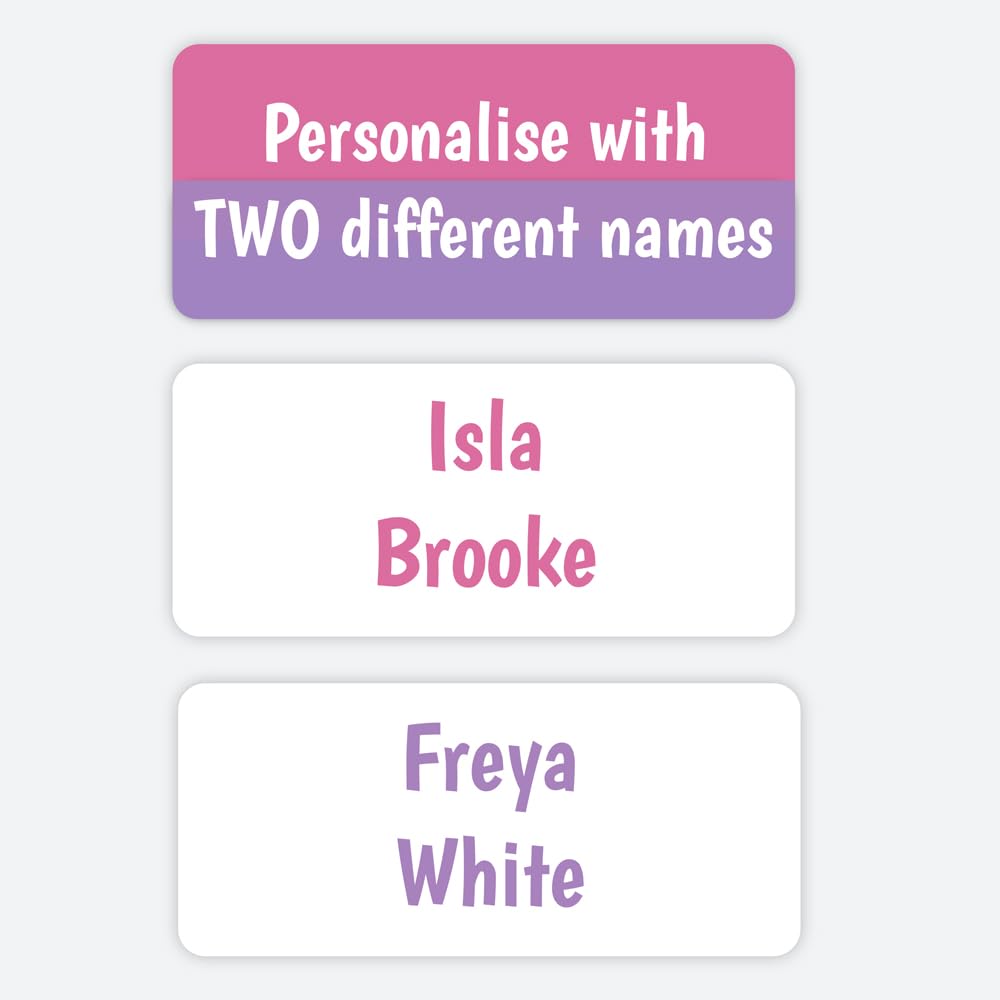 96 Personalised Name Labels for Clothes Kids – Stick-On Waterproof Tags with 2 Names – Shared Sheets Pink/Purple for Siblings, School & Nursery (SFP)