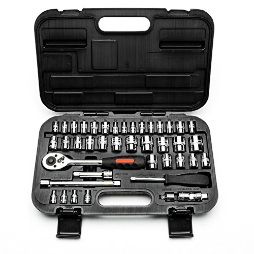 Maxpower 42-Piece 1/4" & 3/8" Dr. Socket Wrench Set - Metric + Sae - With Included Sockets, Ratchet Handle, Extension Bars, Universal Joint, Adapter, Spinner Handle, And Carrying Case #TOP3