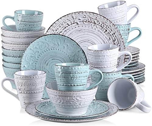 vancasso PLUVO Embossed Dinner Set, Stoneware Vintage Look Grey Dinnerware Tableware, 16 Pieces Dinner Service Set for 4, Include Dinner Plate, Dessert Plate, Cereal Bowl and Mug
