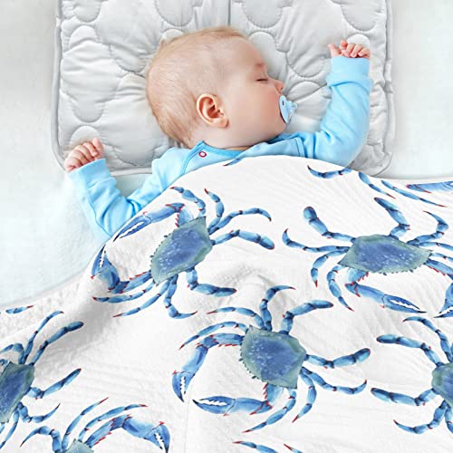 Image of Swaddle Blanket Blue Crabs Cotton for Infants - Receiving, Lightweight Soft Swaddling for Crib, Stroller, Nursery - Ocean Theme, 30x40 in
