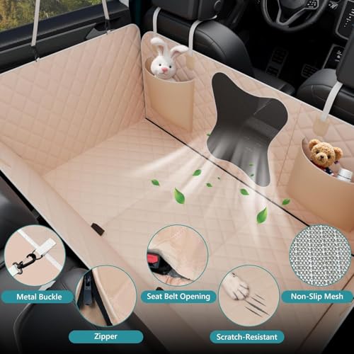 Image of Dog Car Seat Cover -Scratchproof Protector -Waterproof Backseat Cover for Cars -Nonslip Dog Accessories with Mesh Window-Universal Fit for Cars, Trucks, SUVs(Flat Bone Mesh, Beige)