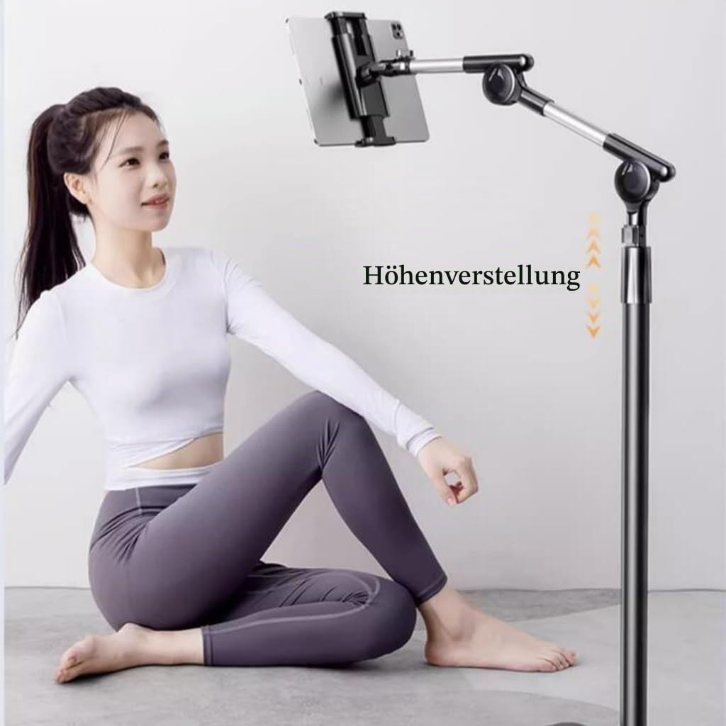 Niumowa Tablet Bodenständer Verstellbar 360° für 4.7-13 Zoll, Schwarz | Stabiler Standfuß für Bett, Couch, Schreibtisch & Küche. Kompatibel mit iPad, Kindle, Samsung & Tablets. Rutschfeste Basis.