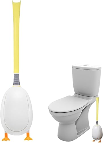 Juego de cepillo y soporte de inodoro adorable en forma de pato sin taladro, cepillo de silicona montado en pared con 4 cabezales de cepillo y mango