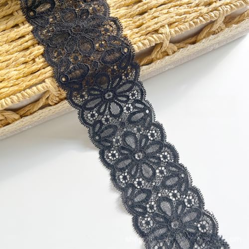 WANYI Ruban Dentelle élastique 6CM Large Dentelle au Metre, Ruban Cadeau Vintage Décoratif pour DIY Vêtements, Jupes de Accessoires(Noir-3 Yards)