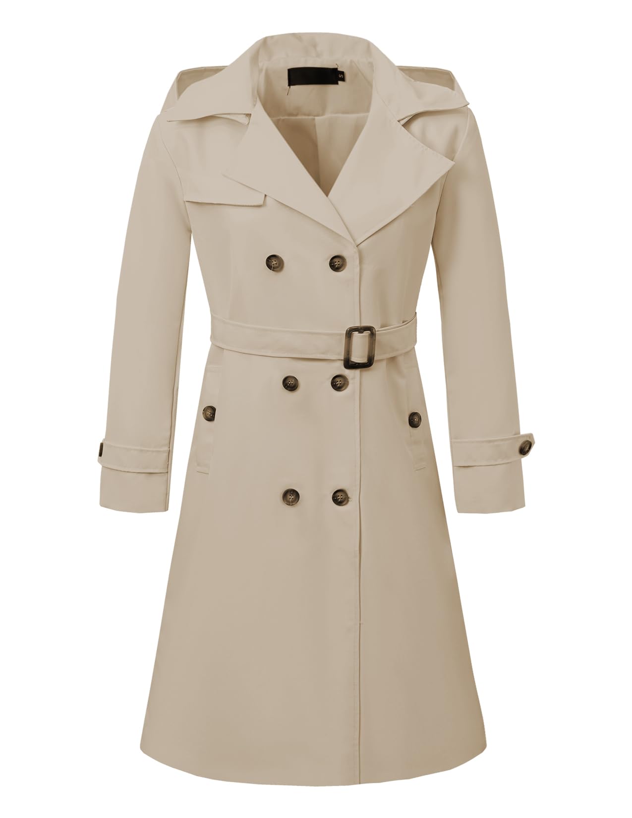Womens Long Trench Coat Double Breasted Classic Lapel Coat Belted Slim Long Overcoat Coat With Detachable Hood